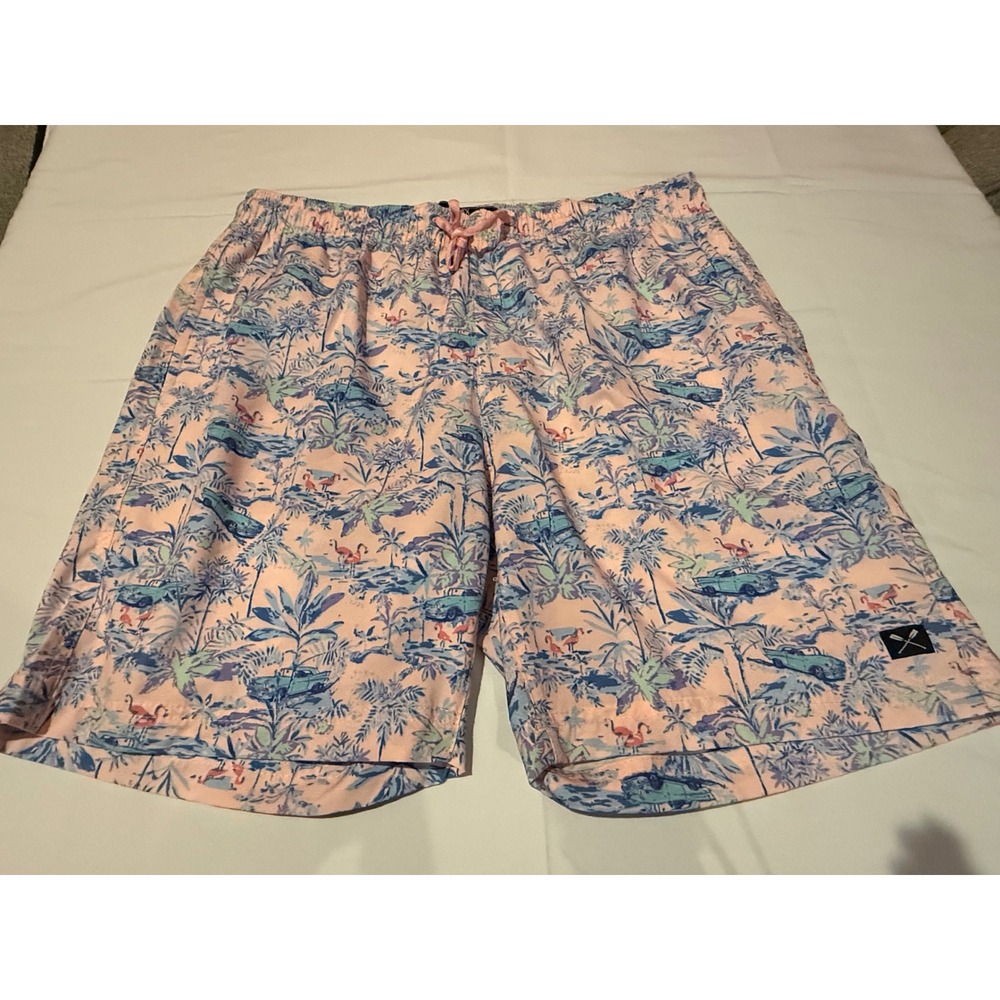 MBX Premium Goods Mens XL Tropical Flamingo Palm Tree Swim Trunks Pink Blue